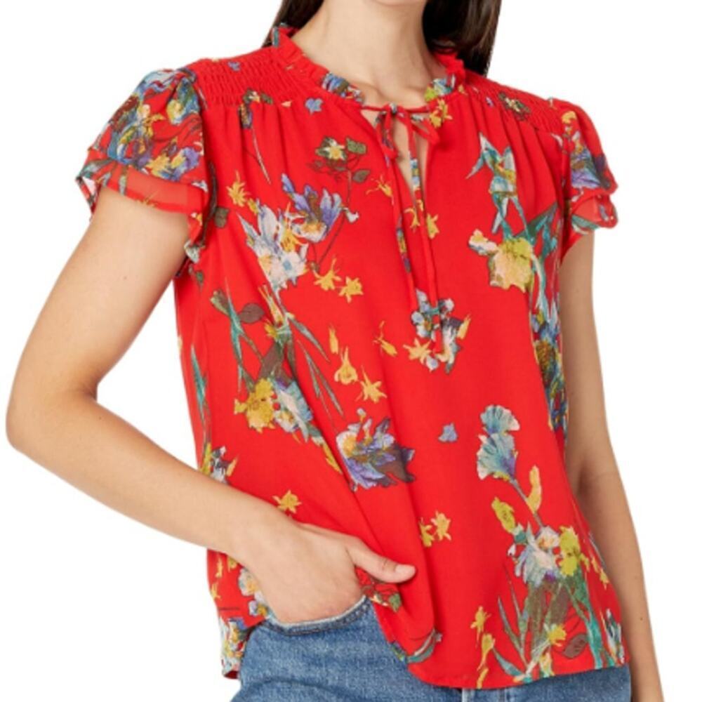 CeCe Women's Fiery Red Island Oasis Floral Tie Neck Blouse Top Size Large - Picture 3 of 7